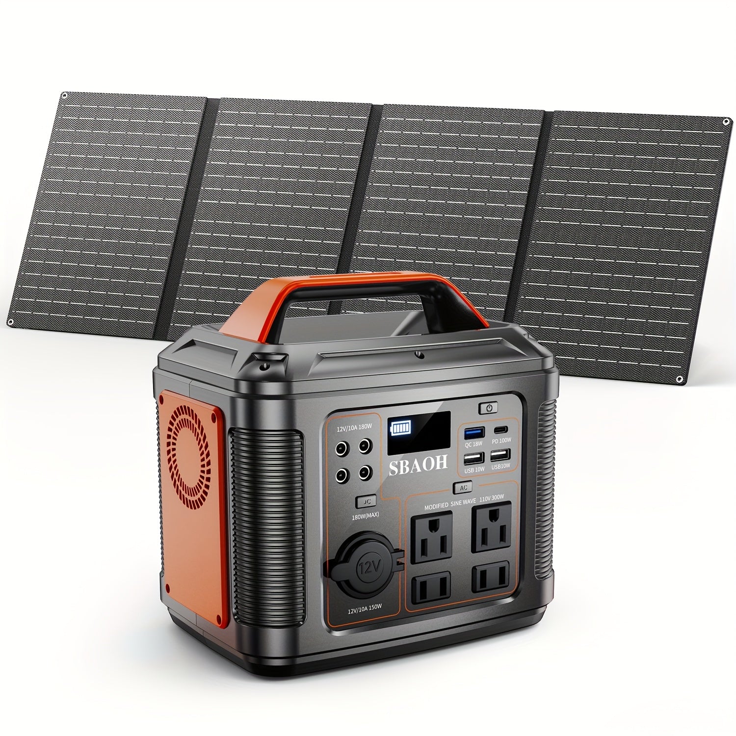 SBAOH 300W Portable Generator 296Wh 8000mAh Solar Generator & 60W Solar Panel with AC & DC Output/Fast Charging/Flashlight/ RV/Emergency Backup/Camping, Orange