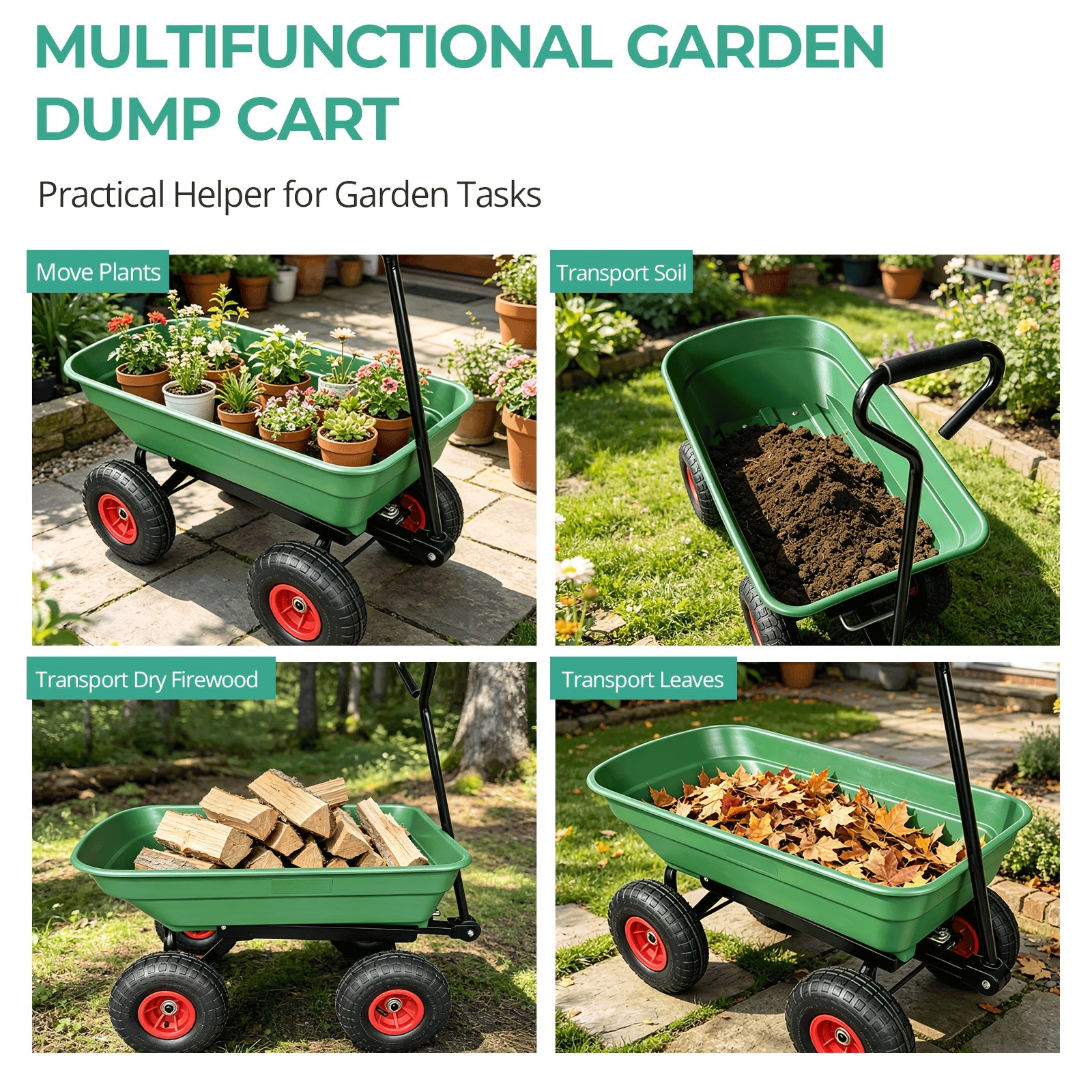 Gardening Supplies, Father's Day Gifts, Local Warehouse - Heavy Duty Garden Dump Cart with Steel Frame & Pneumatic Tires, 350 Lbs Capacity Rotating Dump Bed, All Terrain Utility Wagon for Lawn Yard Farm Outdoor Use
