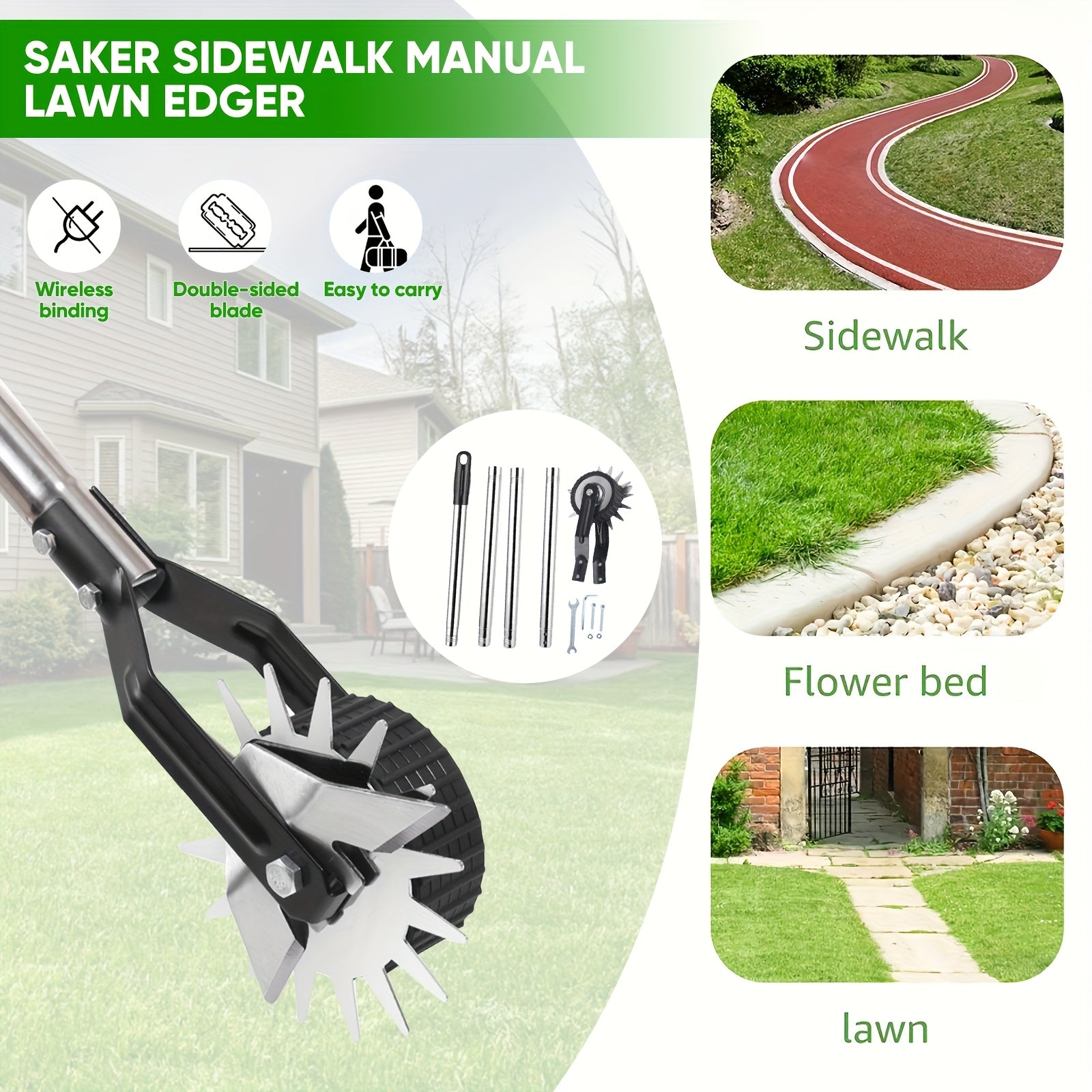 The Sakerplus Wheeled Lawn Trimmer - Features a 3/4 Stainless Steel Handle - And Is Designed for Manual Use - As a Rotary Lawn Edger - It Is Ideal for Yard Weeding And Sidewalk Trimming