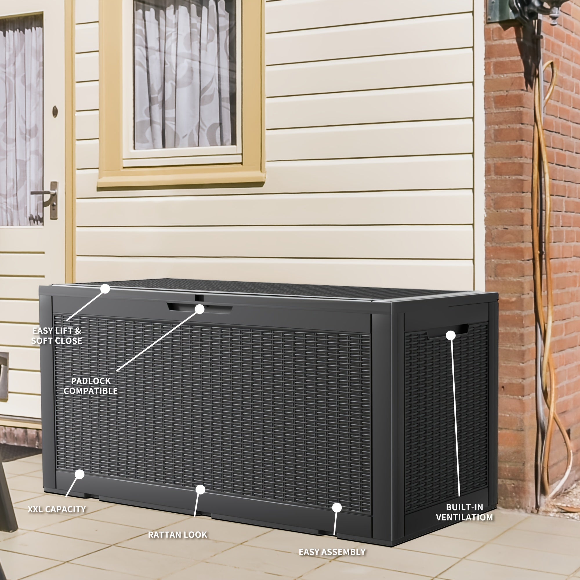 105 Gallon Waterproof Large Resin Deck Box Indoor Outdoor Lockable Storage Container for Patio Furniture Cushions Garden Tools, Box, Cabinet, Rack for Outdoor Storage, Pool Additions, Perfect Holiday Gift for Halloween, Christmas, Thanksgiving, Box