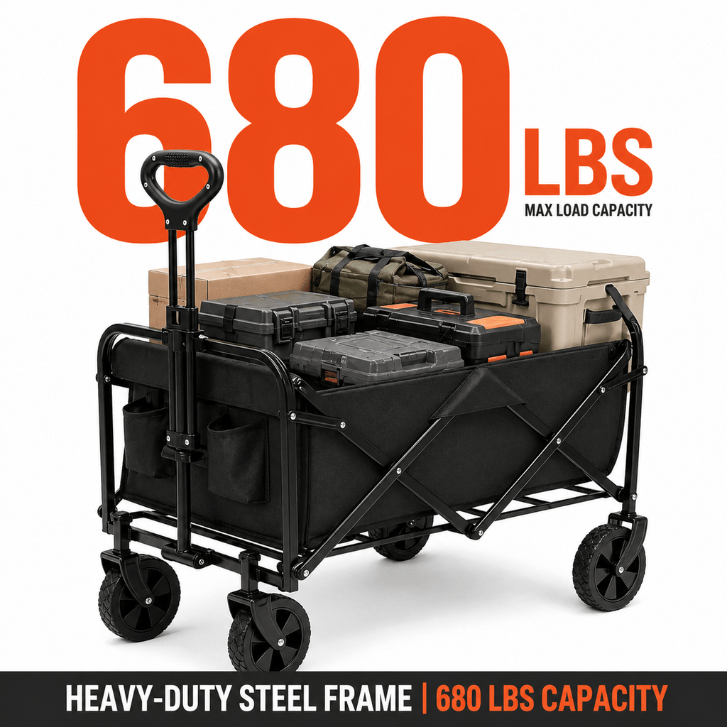Heavy-Duty Folding Wagon Cart Suitable for Camping, Beach & Moving - 3 Styles (Black/Red/Blue) Foldable Cart with 5” All-Terrain Tires, 60/360/680 Capacity, Collapsible Portable Wagon for Garden, Outdoor, Moving - Deal