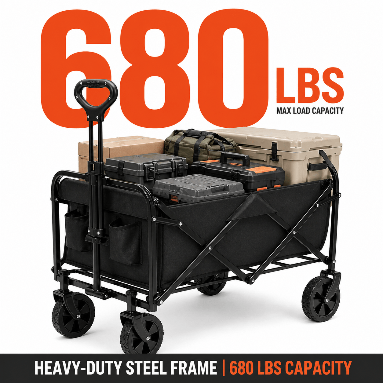 Heavy-Duty Folding Wagon Cart Suitable for Camping, Beach & Moving - 3 Styles (Black/Red/Blue) Foldable Cart with 5” All-Terrain Tires, 60/360/680 Capacity, Collapsible Portable Wagon for Garden, Outdoor, Moving - Deal
