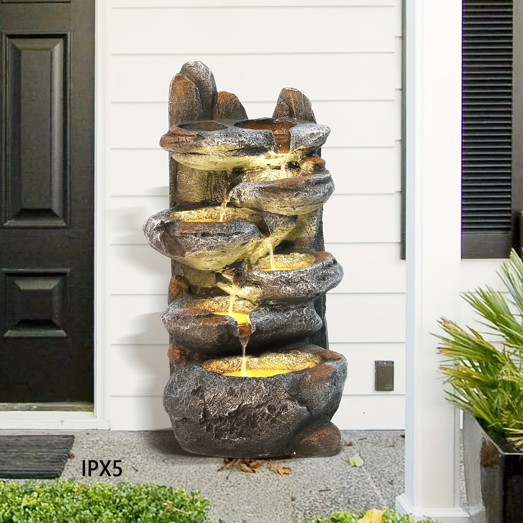 6-Tier Cascading Rockery IPX5 Outdoor Fountain, Garden Floor-Standing Stone Waterfall Fountains with Pump Rocky Peak Decor, Soothing Tranquility Water Fountain for Home Garden Yard, 26" H