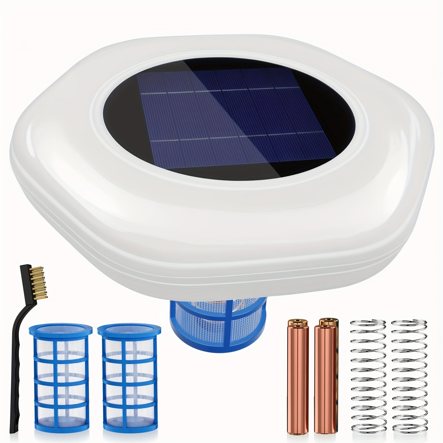 Solar Pool Ionizer, 85% Less Chlorine, Floating Water Cleaner, High Efficiency, 2 Copper Rods, 2 Mesh Basket, 2 Cathodes, Compatible with Fresh And Salt Water Pools & Spa, Spa Maintenance, Water Purification, Floating Cleaner, Solarpowered Design, Copper