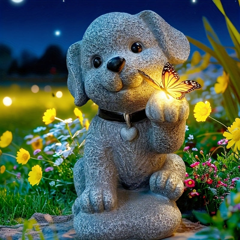 [LED Butterfly Dog Statue] Solar Powered LED Butterfly Dog Statue - Resin Animal Garden Decoration for Patio, Yard, Home Gift with Auto On/Off Function