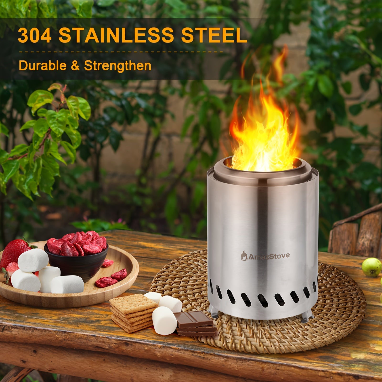 9.7 X 7 Inch Large Tabletop Fire Pit, Low Smoke Camping Stove for Outdoor & Patio, Fueled By Pellets Or Wood, Safe Burning Table Top Firepit, with Travel Bag & 2 Mini Sticks, Silvery