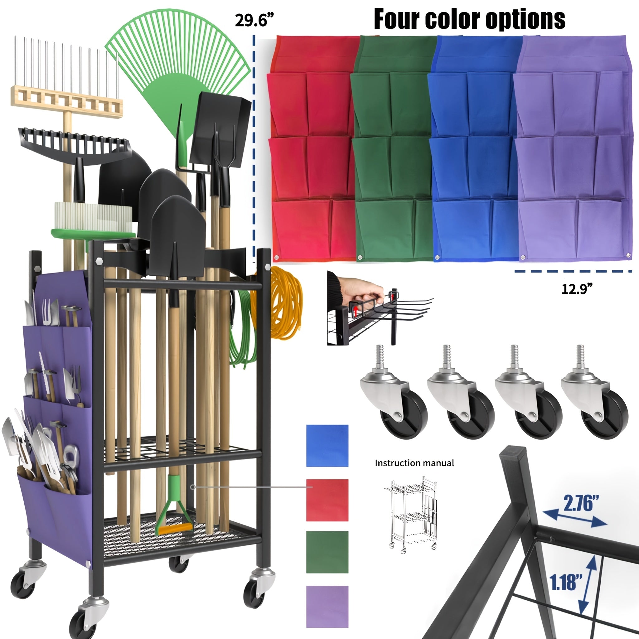 Garden Tool Organizer, Heavy Duty Steel Garden Tool Storage Rack with 5Hooks, Suitable for Garage, Broom Rack And Garden Tool Rack, Shed, Outdoor, In Blue, Red, Green And Purple Gifts for Men, Boyfriends, Husbands, And Partners, A Gift for The Family