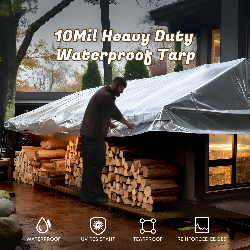 2 Pack Heavy Duty Waterproof Canvas Tarps 8X6Ft 10Mil Thick Black Silver Polyester with Reinforced Edges Rustproof Grommets for Roof Pool Boat Cover
