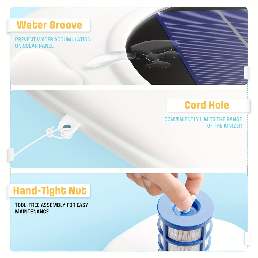 Solar Pool Ionizer, 85% Less Chlorine, Floating Water Cleaner, High Efficiency, 2 Copper Rods, 2 Mesh Basket, 2 Cathodes, Compatible with Fresh And Salt Water Pools & Spa, Spa Maintenance, Water Purification, Floating Cleaner, Solarpowered Design, Copper
