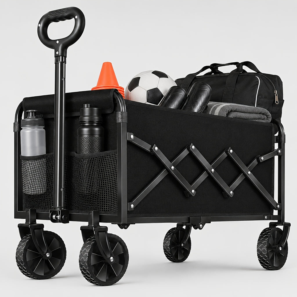 Heavy Duty Folding Wagon 340lbs Capacity, All-Terrain Collapsible Utility Cart for Beach Camping Garden Shopping, No Assembly Stainless Steel Frame Portable Grocery Wagon with Tool Holder, Black