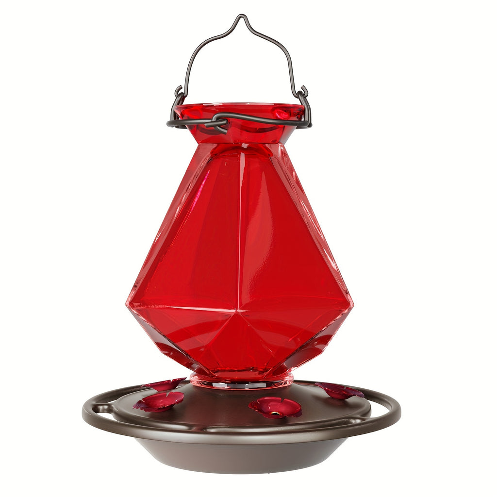 Hummingbird Feeder, Green Glass Hummingbird Feeders for Outdoors Hanging, 5 Simulation Flowers Feeding Ports, 23 Ounces, Rustproof, Leakproof, Geometric Line Shapes