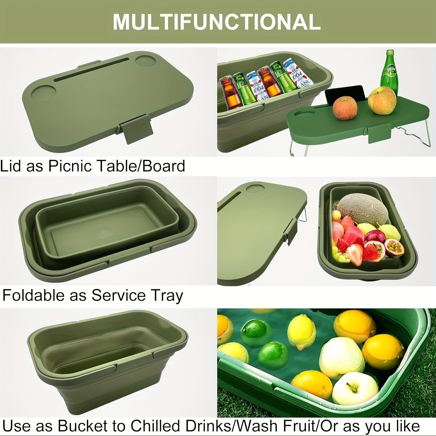 4.23gal Collapsible Picnic Basket with Stand-Up Table - Heavy-Duty High Quality & Leak-Proof Outdoor Storage, Foldable Lightweight Design with Sturdy Legs & Carry Handle, 3-in-1 Convertible for Camping, Travel, Home - Durable Rectangular Bucket for Picnic