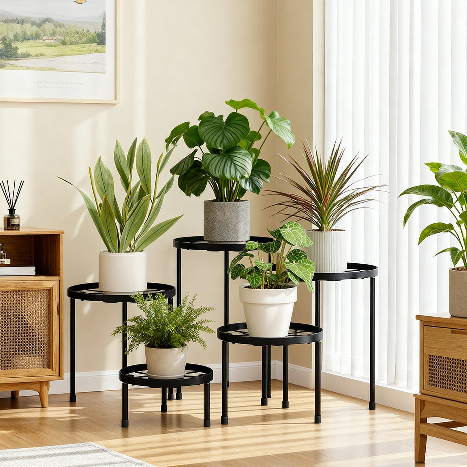 WHONLINE 5pcs Set Black Metal Plant Stand With Heavy-duty Design And Thickened Rust-proof Baking Paint Process. Suitable For Various Flower Pot Accessories, Ideal For Living Rooms, Balconies, Courtyards, And Outdoor Plant Stands And Storage