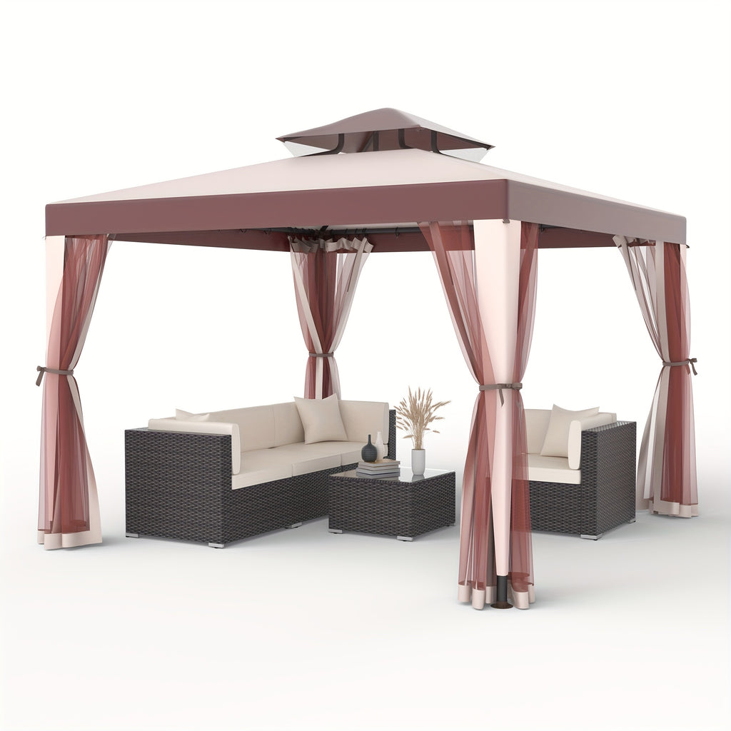 Outdoor Gazebo, 10x10 Patio Gazebo Waterproof Canopy Tent UV-Resistant 2-Tier Top Sturdy Canopy Tent for Camping with Mosquito Netting for Garden Patio Backyard