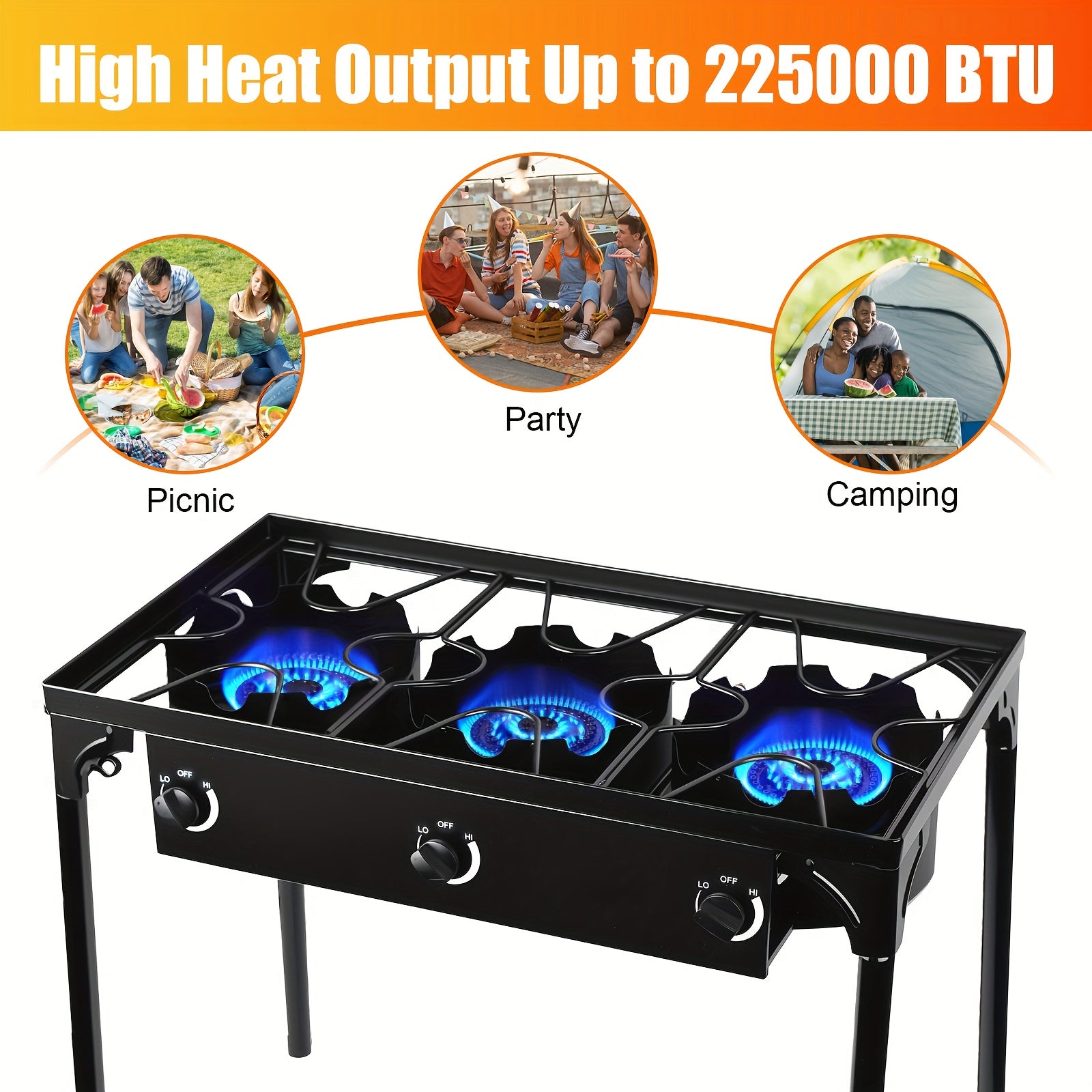 Outdoor Stove with 1 Burner & 3 Burner Options, High Pressure Propane Stove with Detachable Legs for Camping Patio Cooking, Outdoor Propane Stove, 3 Burner Propane Stove, Propane Burners for Outdoor Cooking