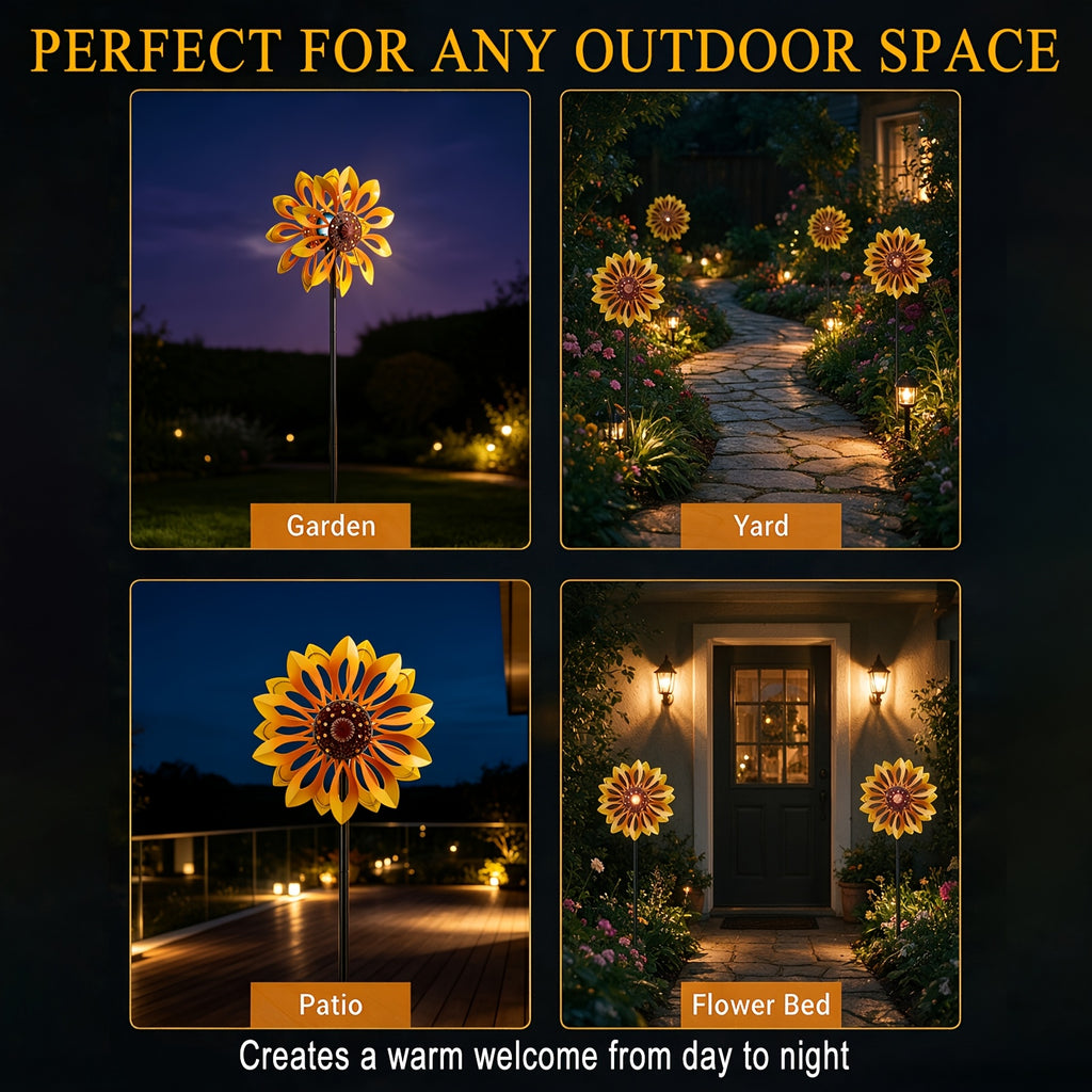 Outdoor Patio Landscape Decor, Solar Powered Metal Sunflower Wind Spinner with Night Glow Light, Collects Sun Energy During The Day And Shines After Dark, Weatherproof Kinetic Rotation Design for Garden Yard Lawn Decorative Ornament