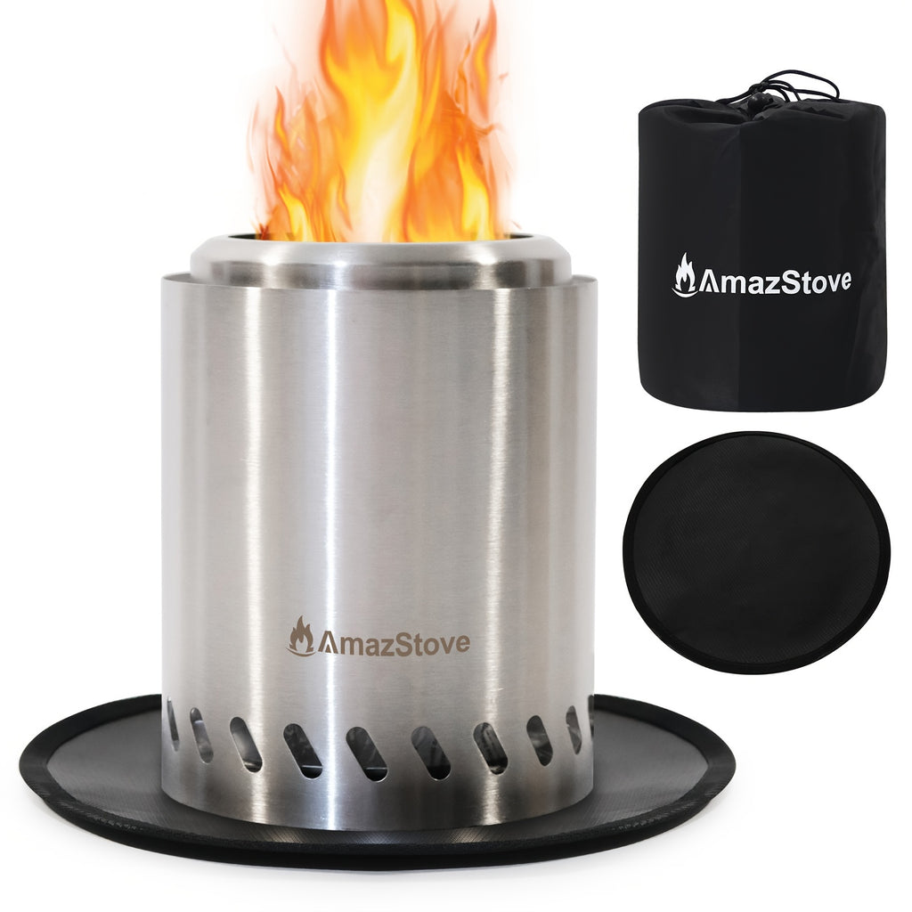9.7 X 7 Inch Large Tabletop Fire Pit, Low Smoke Camping Stove for Outdoor & Patio, Fueled By Pellets Or Wood, Safe Burning Table Top Firepit, with Travel Bag & 2 Mini Sticks, Silvery