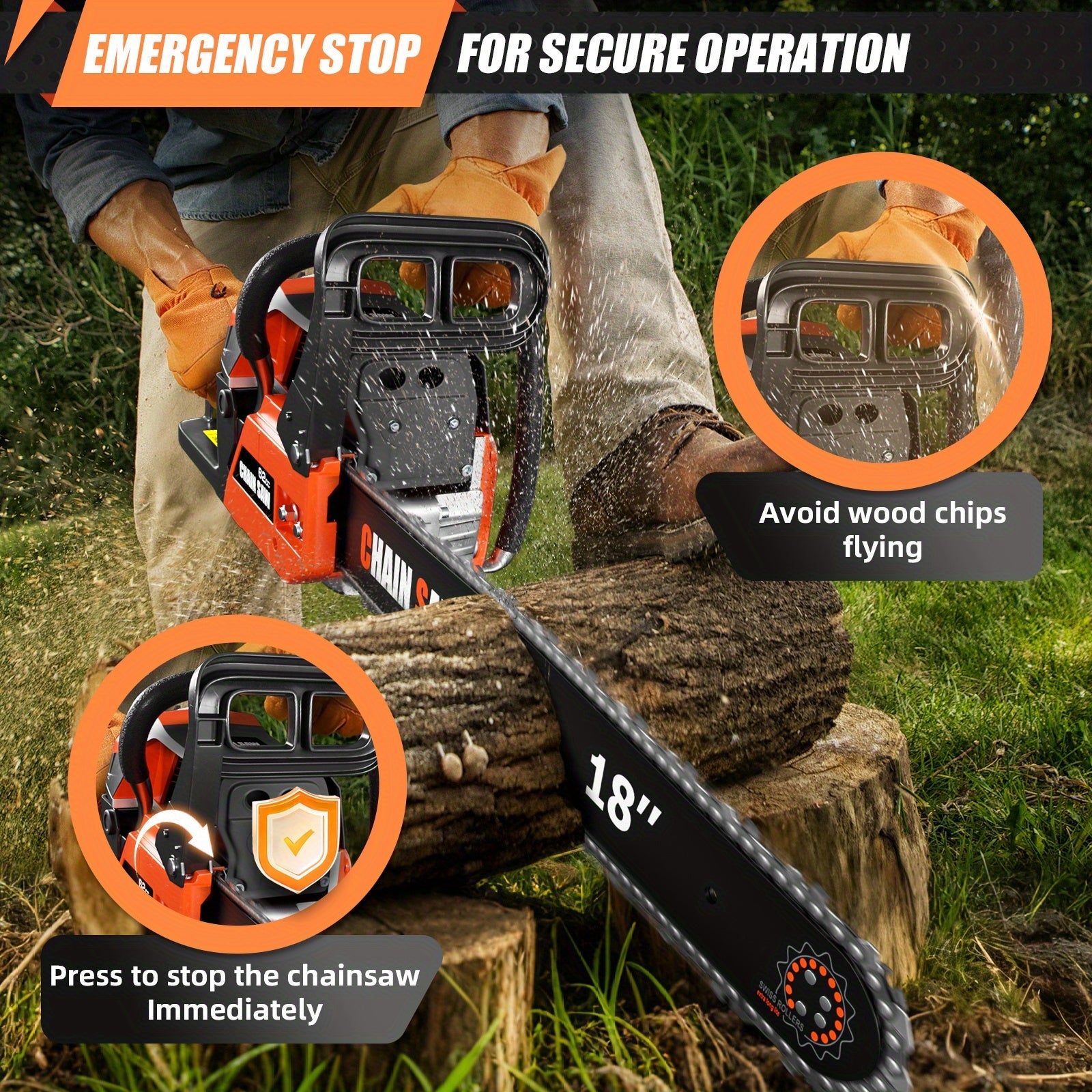 62CC Professional Chainsaw with 20, 22, 18, and 24 Inch Options, Featuring a 2-Stroke Engine, Ergonomic Non-Slip Handle, and Dual Fuel Tanks, Ideal for Cutting Wood, Trimming Trees, and Clearing Land