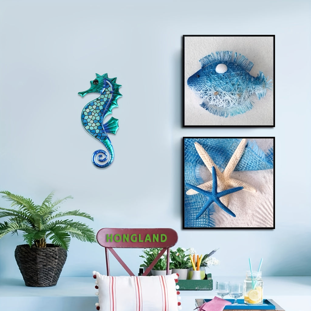HONGLAND Metal Seahorse Wall Art Blue Mosaic Glass Wall Decor Sculpture Hanging Ocean Decorations for Home, Garden, Fence, Livingroom, Indoor, Outdoor