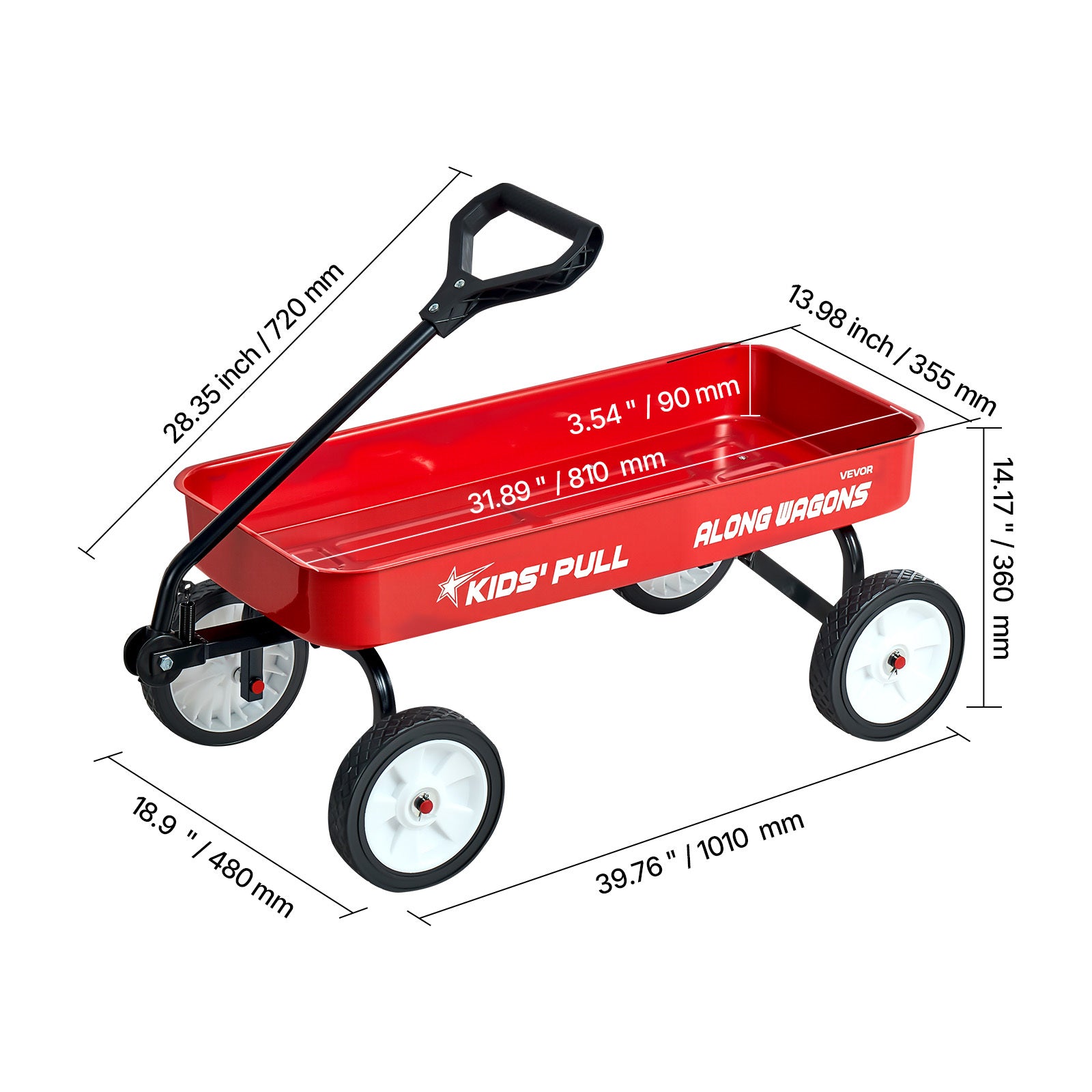VEVOR Pull-Along Wagon for Kids, 39 inch Toddler Wagons, Supports up to 176 lbs, All-Terrain Wagons with Handle, Utility Wagon Cart Birthday Present for Kids Gardening Beach Camping, Red