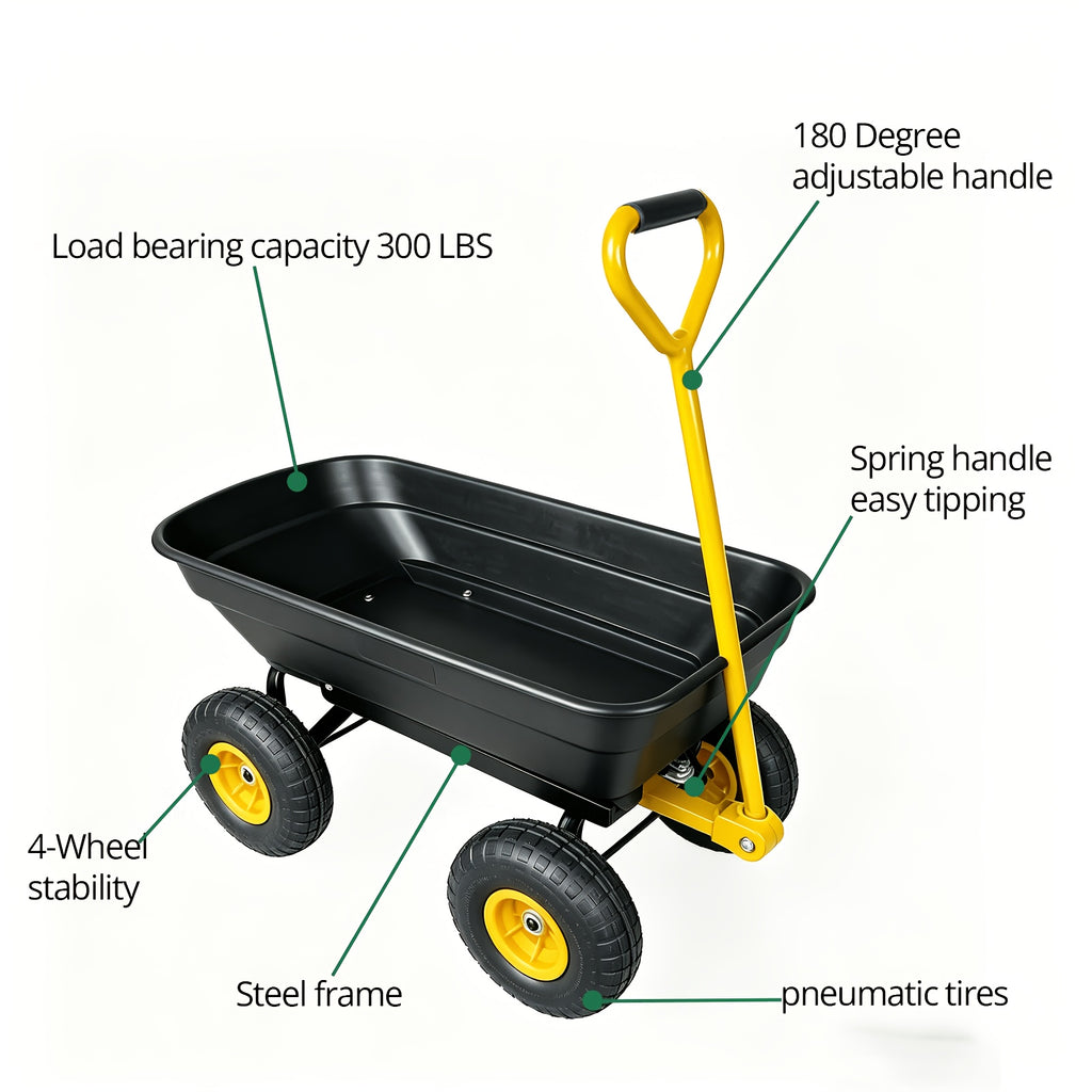 Multi Functional Heavy-duty Four-wheel Garden Handcart, Heavy-duty Steel Frame Structure, Plastic Body, All Terrain Outdoor Yard Handling Vehicle With D-shaped Handle Steering, Suitable For Outdoor Gardening, Lawn, Farm, And Building Handling