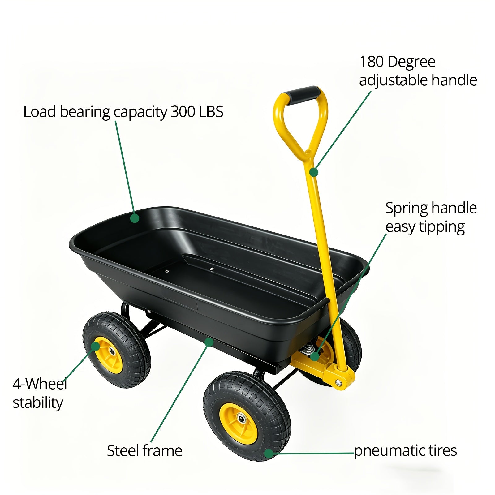 Multi Functional Heavy-duty Four-wheel Garden Handcart, Heavy-duty Steel Frame Structure, Plastic Body, All Terrain Outdoor Yard Handling Vehicle With D-shaped Handle Steering, Suitable For Outdoor Gardening, Lawn, Farm, And Building Handling