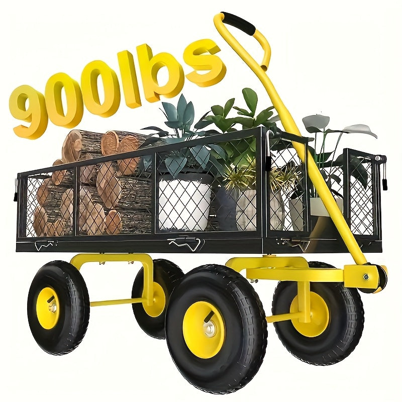 Garden Cart, Heavy-duty 900-pound Capacity, with Removable Sides, Metal Construction, 4-wheel Design, And Ergonomic Handle, Suitable for Lawn Care, Gardening, And Yard Tools., Outdoor Utility Cart, Heavyduty Hauling, Sturdy Construction, Ergonomic Handle