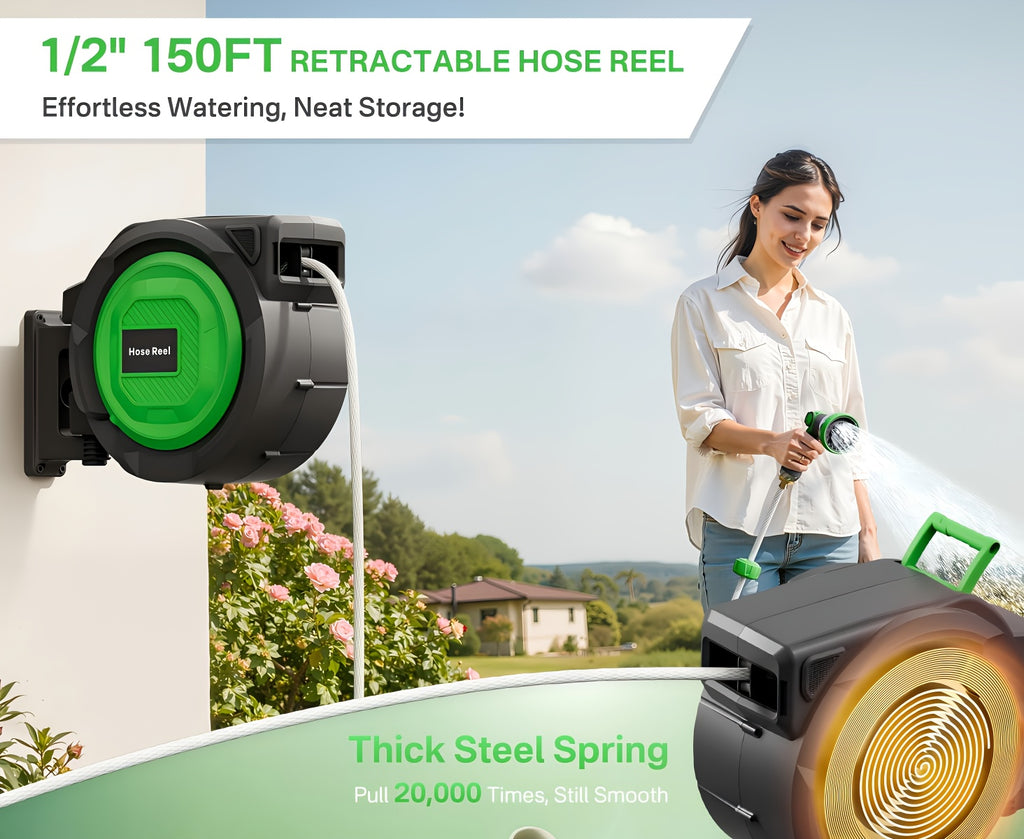 100ft/150ft Retractable Garden Hose Reel, Heavy-Duty Wall Mounted Water Hose with Any-Length Locking System, 10 Spray Modes Adjustable Nozzle, 180° Swivel Bracket, Auto Rewind for Gardening, Car Wash & Patio Cleaning.