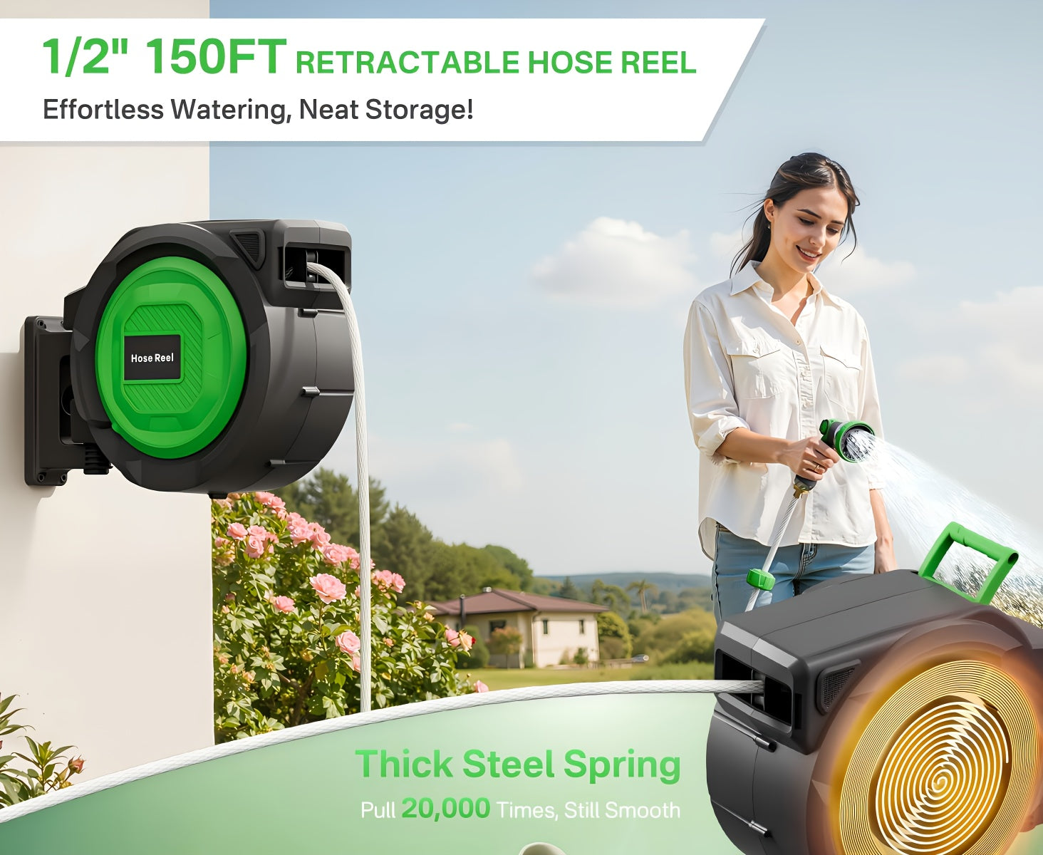 100ft/150ft Retractable Garden Hose Reel, Heavy-Duty Wall Mounted Water Hose with Any-Length Locking System, 10 Spray Modes Adjustable Nozzle, 180° Swivel Bracket, Auto Rewind for Gardening, Car Wash & Patio Cleaning.