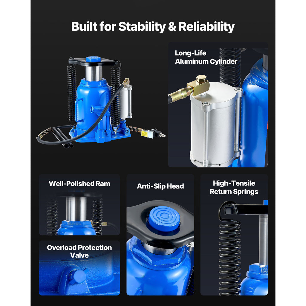 VEVOR Air Hydraulic Bottle Jack, 32 Ton (70546.9 lbs) Capacity, 10-16.3 Inch Lifting Range, Pneumatic/Manual Heavy Duty Welded Bottle Jack with Pump for Car, SUV, Pickup, Truck, RV, Auto Repair, Blue