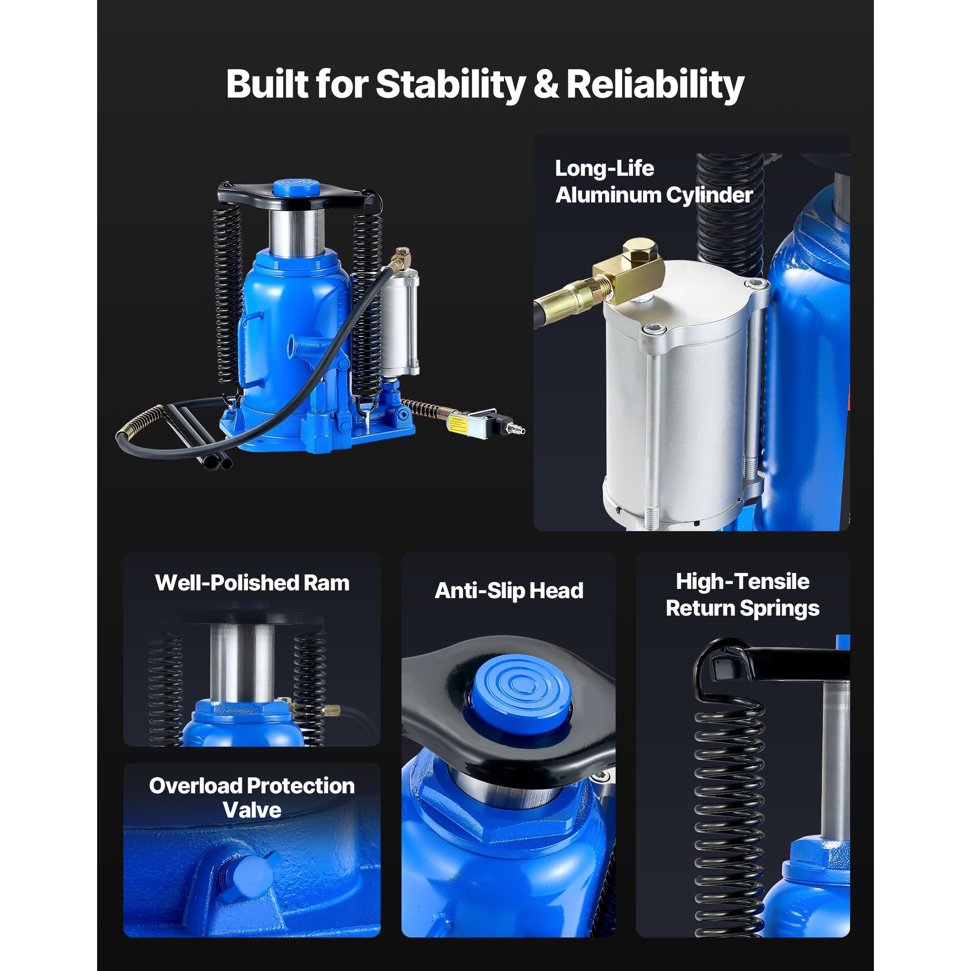 VEVOR Air Hydraulic Bottle Jack, 32 Ton (70546.9 lbs) Capacity, 10-16.3 Inch Lifting Range, Pneumatic/Manual Heavy Duty Welded Bottle Jack with Pump for Car, SUV, Pickup, Truck, RV, Auto Repair, Blue