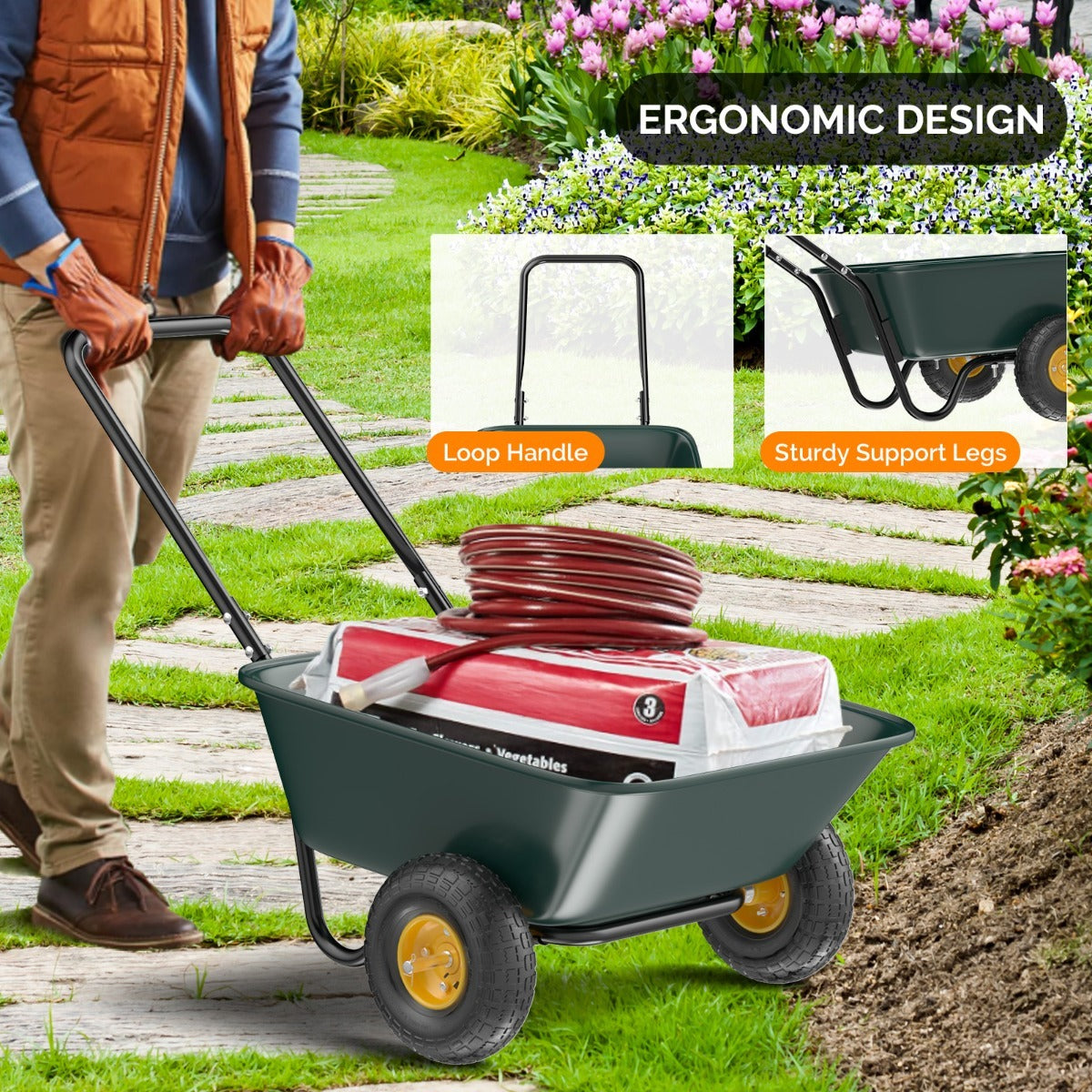 BONNLO Heavy-Duty 300LBS -Terrain Utility Cart with Single-Direction Wheels & Tailer - Portable Poly Dump Wagon Suitable for Garden, Farm, Grocery,, Lawn Care - Multiuse Vehicle for Cargo Transport