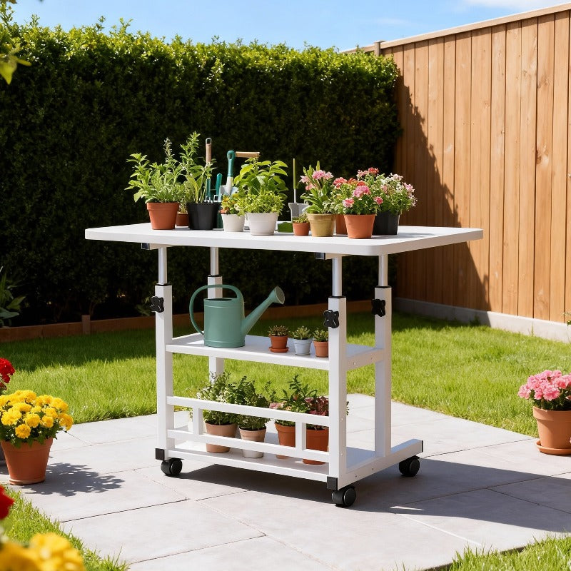 Sturdy Adjustable Height Versatile Garden Workbench |Metal Structure, Spacious Work Surface, Equipped with Lockable Wheels, Ideal for Office, Bedroom, Patio, Gardening, Long-Lasting And Easy to Maintain Design, Plant Stand, Outdoor Garden Table