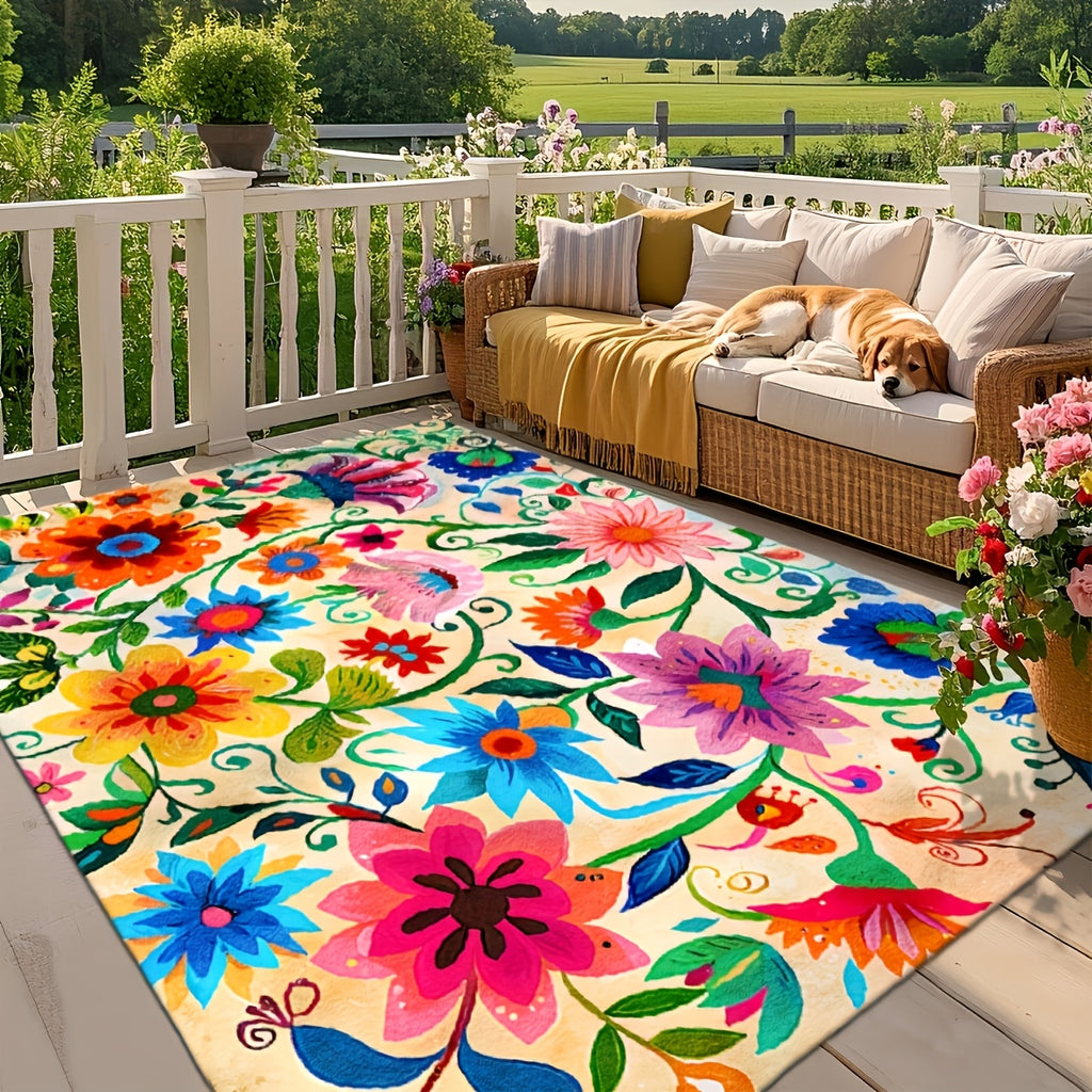 XL Outdoor Rug - Soft Faux Texture, Vibrant Floral - All-Weather Washable Mat, for Patio/Balcony/Living Room/Rv/Camping - Durable Fabric, Non-Slip Rubber Backing, XL. As Outdoor Rug, Door Mat, Cooling Gazebo Mat, RV Mat, Camping Rug & Deck Mat
