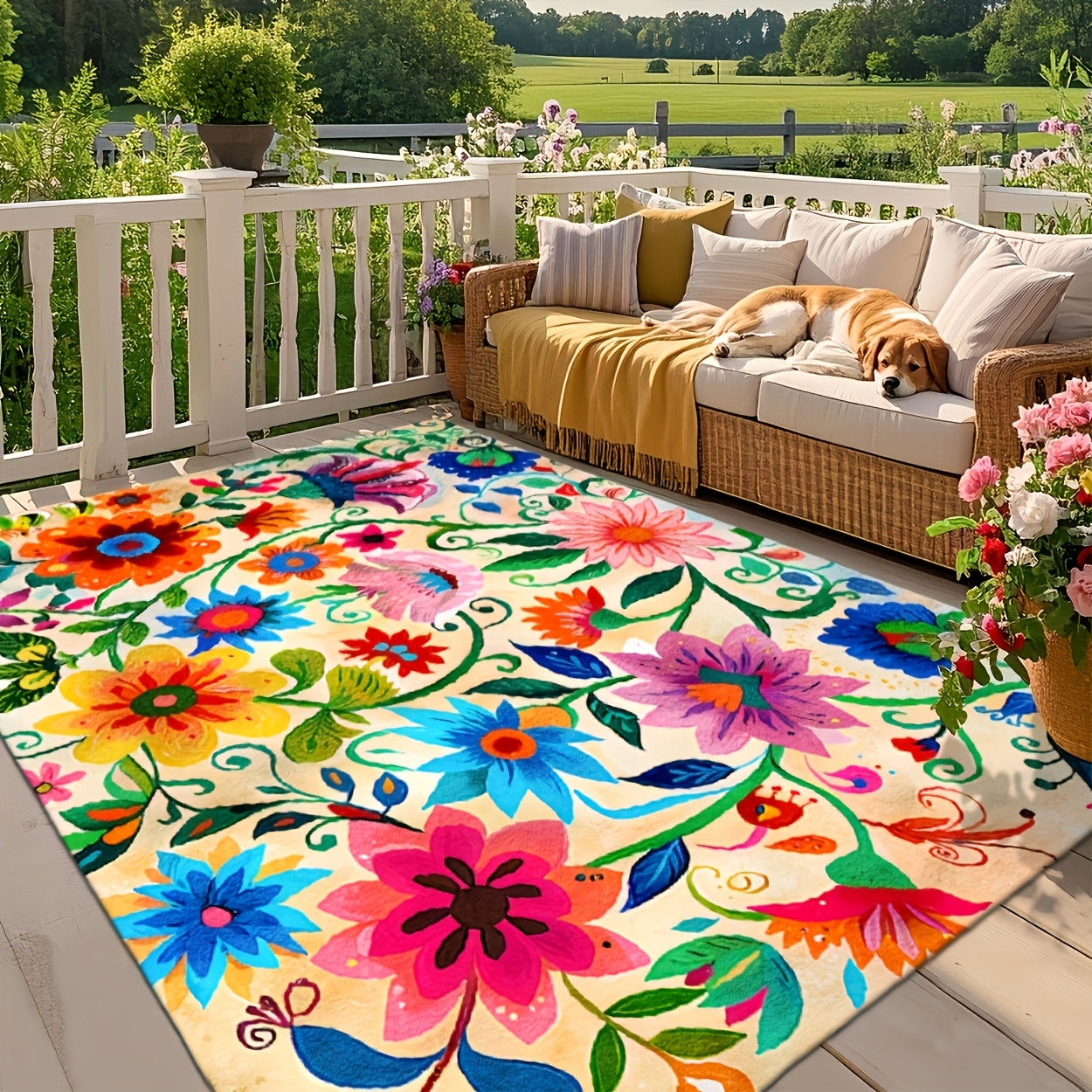 XL Outdoor Rug - Soft Faux Texture, Vibrant Floral - All-Weather Washable Mat, for Patio/Balcony/Living Room/Rv/Camping - Durable Fabric, Non-Slip Rubber Backing, XL. As Outdoor Rug, Door Mat, Cooling Gazebo Mat, RV Mat, Camping Rug & Deck Mat