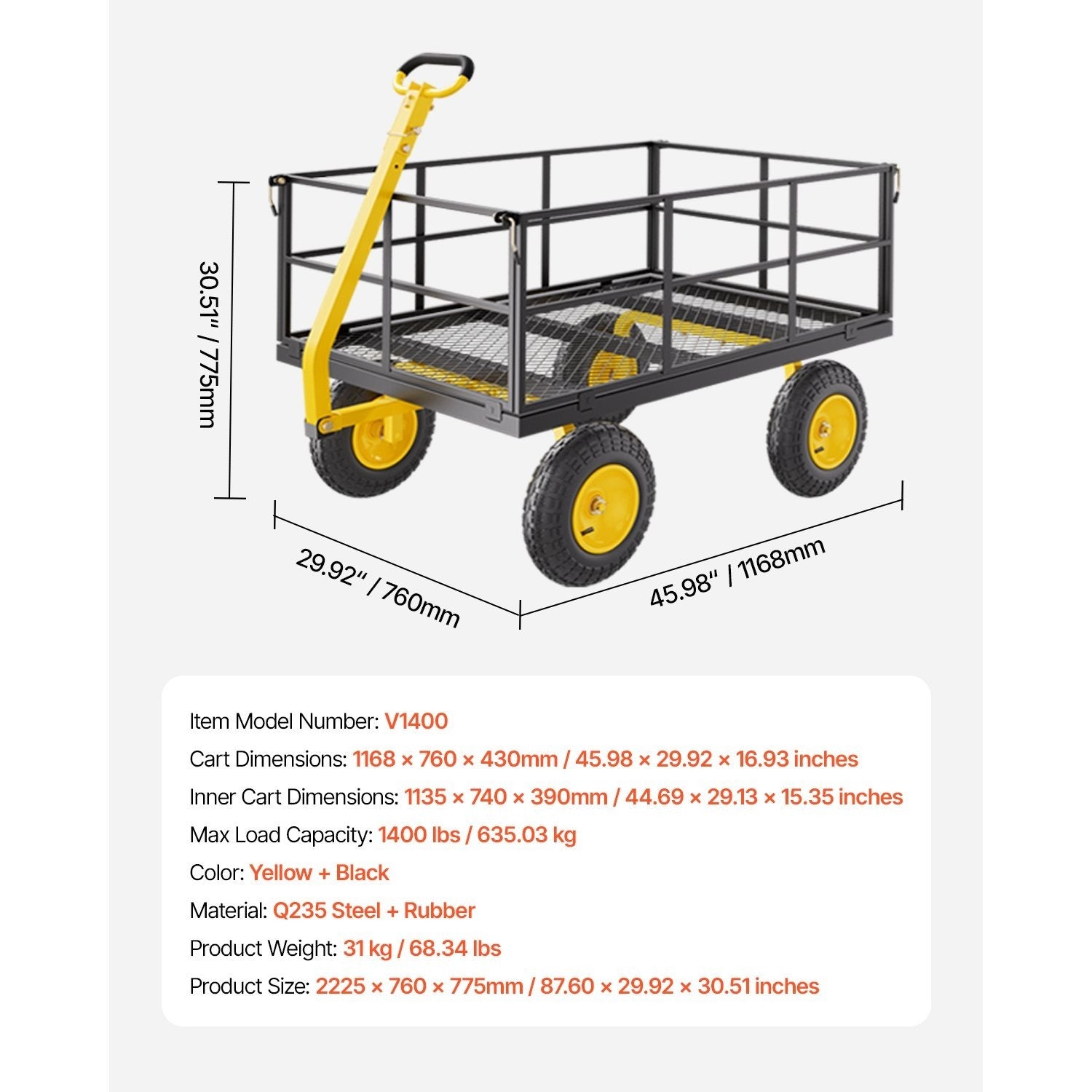 Vevor 500/1200/1400 Lbs Steel Garden Cart, Heavy Duty Pullable Cart with Wheels for Garden, Metal Yard Utility Wagon with 10" All Terrain Tires, Removable Mesh Sides and 180° Rotating Handle