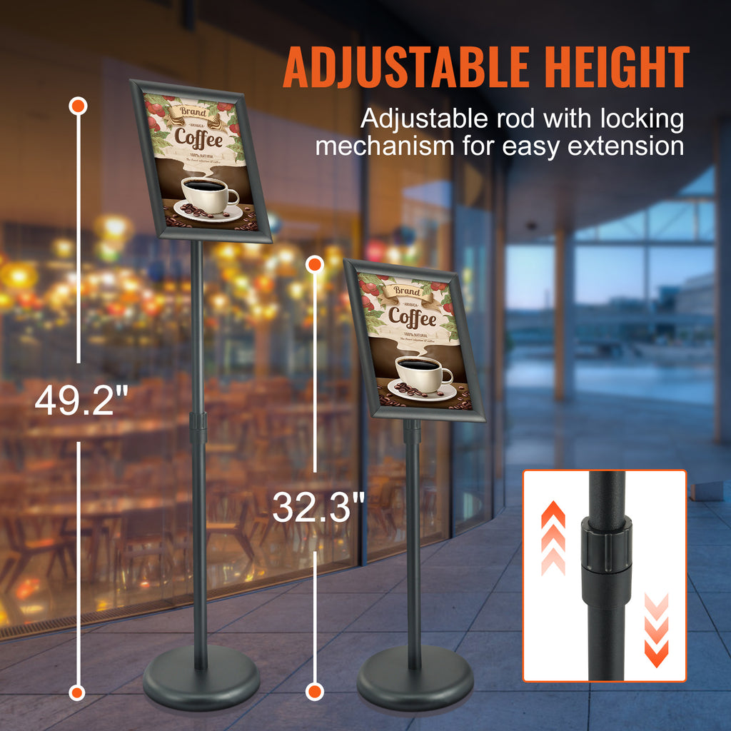 VEVOR Pedestal Sign Holder, 8.5 x 11/17x 11 Inch Vertical and Horizontal Adjustable Poster Stand, Heavy-Duty Floor Standing Sign Holder with Round Base for Display, Advertisement, and Outdoor, Black