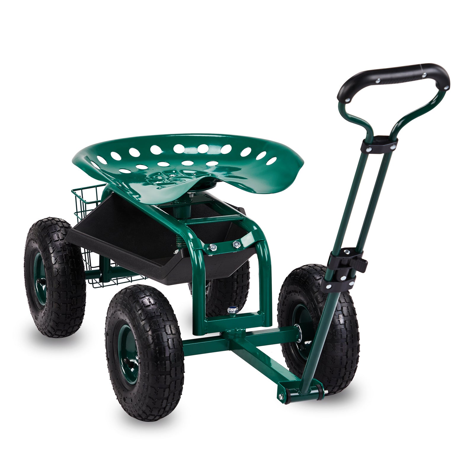 Garden Seat Cart 35.04*29.13*23.62inch, Black, Iron, with Backrest and Seat Cushion, Telescopic Handle, for Courtyard, Outdoor, Easy Planting, Gardening Tools, Garden