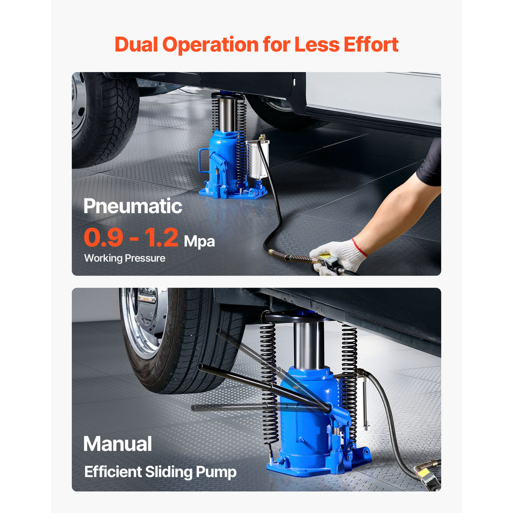 VEVOR Air Hydraulic Bottle Jack, 32 Ton (70546.9 lbs) Capacity, 10-16.3 Inch Lifting Range, Pneumatic/Manual Heavy Duty Welded Bottle Jack with Pump for Car, SUV, Pickup, Truck, RV, Auto Repair, Blue