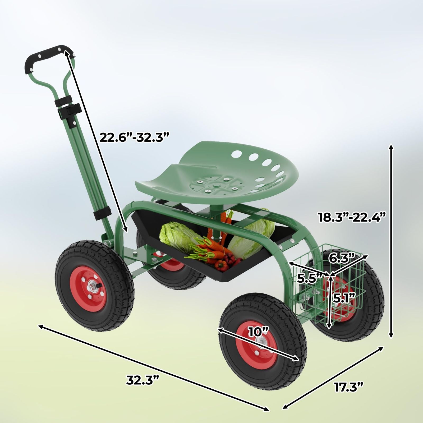 Heavy-Duty Rolling Garden Cart with 360-Degree Swivel Seat on Wheels, Adjustable Steering Handle, And Utility Tool Tray for Planting, Weeding, And Outdoor Gardening Tasks