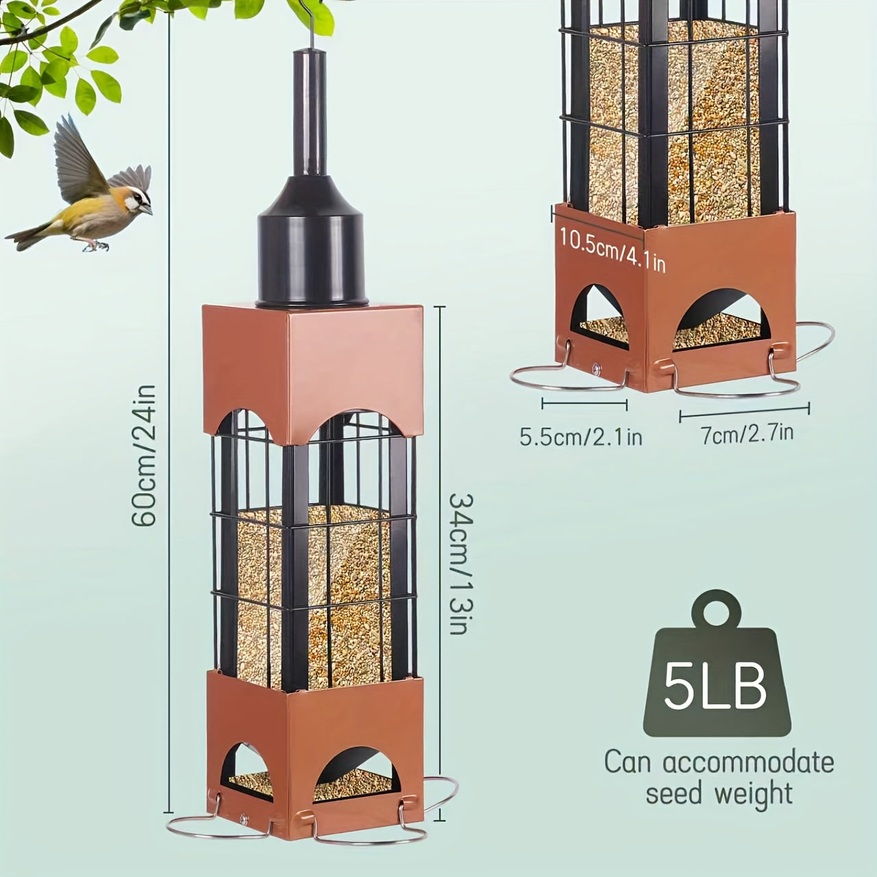 Squirrel-Proof Bird Feeders for Outdoors with Weight-Activated, 5LB Metal Hanging Bird Feeders for Outside, Large Wild Feeders for Cardinals, Chickadees, Durable Backyard Feeders
