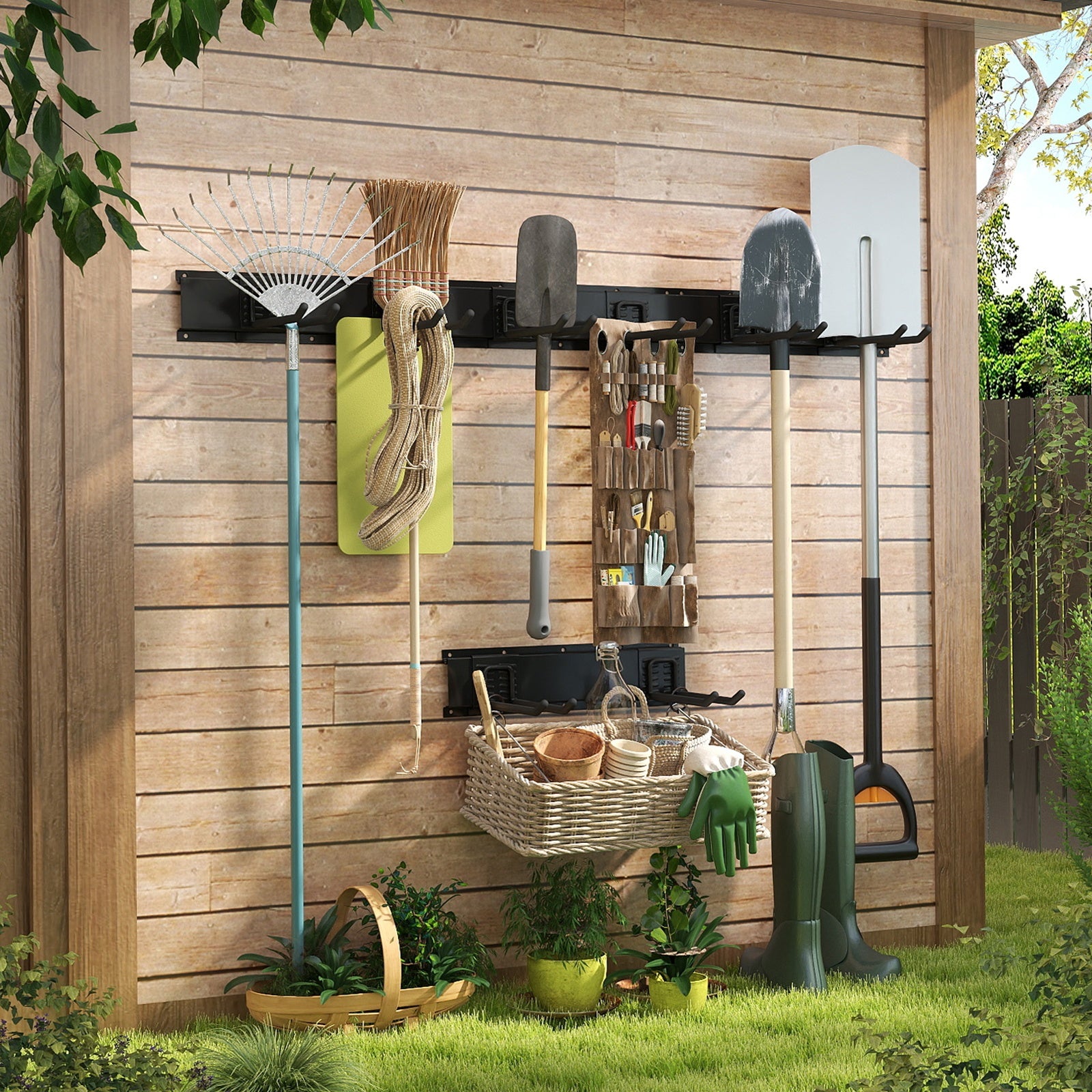 Wall-Mounted Organizer for Garage Tools, a System for Holding Garden Tools with 4 Rails Measuring 64 Inches And 10 Heavy-Duty Adjustable Hooks for Hanging And Storage, Capable of Supporting Up to 500 Pounds