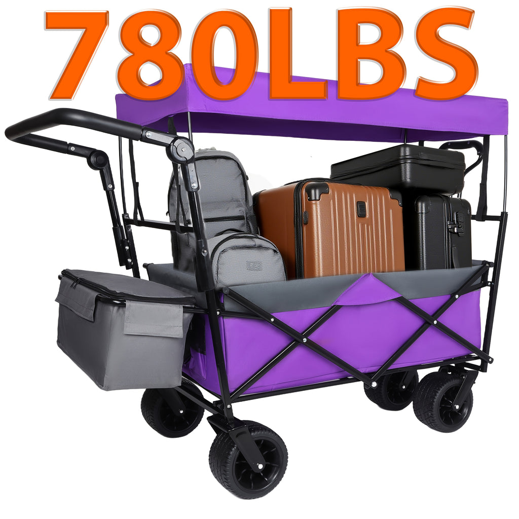 With Push Handle, 780Lbs Collapsible Wagon With Canopy, Wagon Cart With 7" All-Terrain Wheels, Lightweight Foldable Wagon, Large Capacity For Camping, Shopping, Sports, And Garden Use
