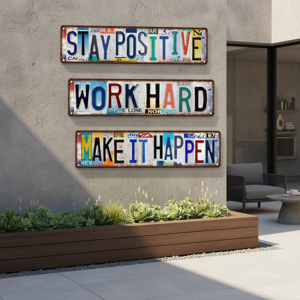 3pcs Retro Plate Letter Art Metal Sign "Stay Positive" "Work Hard" "Make It Happen" Long Strip Motivational Wall Decor Street Sign For Home Office Gym Garage