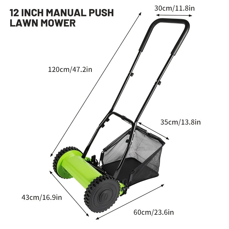Durable Steel Construction, Precision-cut for Perfect Stripes, 12-inch 5-blade Manual Reel Push Mower, High-strength Steel Blades, Grass Catcher, Ergonomic U-shaped Handle, Dual-wheel Design. No Electricity Required, Suitable for Residential