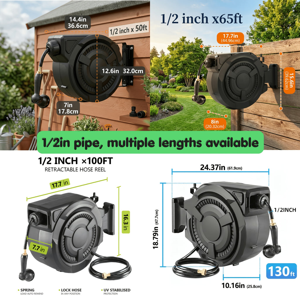 [Heavy Duty Hose Reel] Garden Hose Reel 1/2in & 5/8in, 50ft -130ft, Heavy Duty Automatic Hose Reel, Garden Water Hose Reel, With Slow Return System, Heavy Duty Wall Mounted Hose Reel With 10- Function Sprayer Nozzle, Hose Reels For Outside Heavy Duty