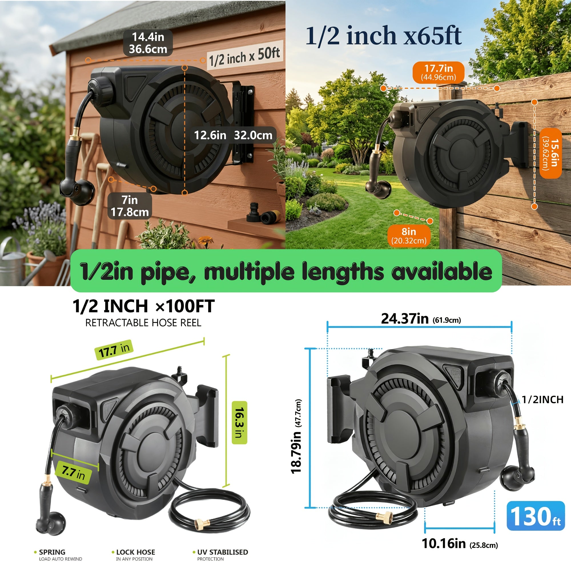 [Heavy Duty Hose Reel] Garden Hose Reel 1/2in & 5/8in, 50ft -130ft, Heavy Duty Automatic Hose Reel, Garden Water Hose Reel, With Slow Return System, Heavy Duty Wall Mounted Hose Reel With 10- Function Sprayer Nozzle, Hose Reels For Outside Heavy Duty
