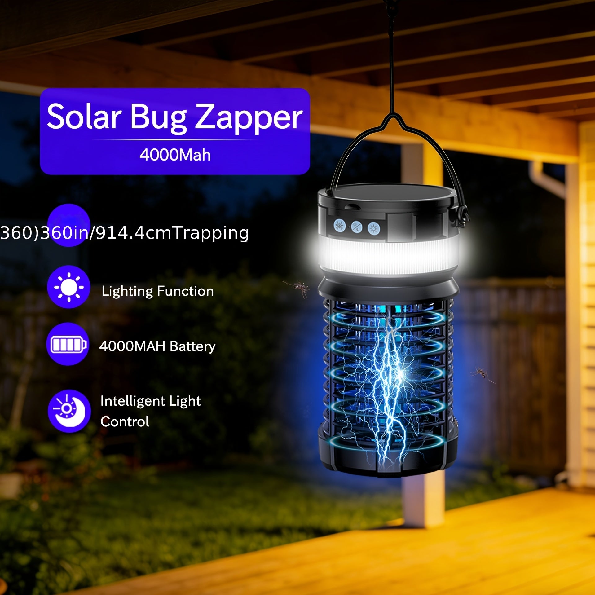 Solar Bug Zapper with Remote Control, Dual Solar Panels & 4000mAh Battery, Auto UV Sensor, IP65 Portable Electric Insect Trap for Home, Yard, Camping & Outdoor, 9.06 × 4.17 × 4.17 Inch