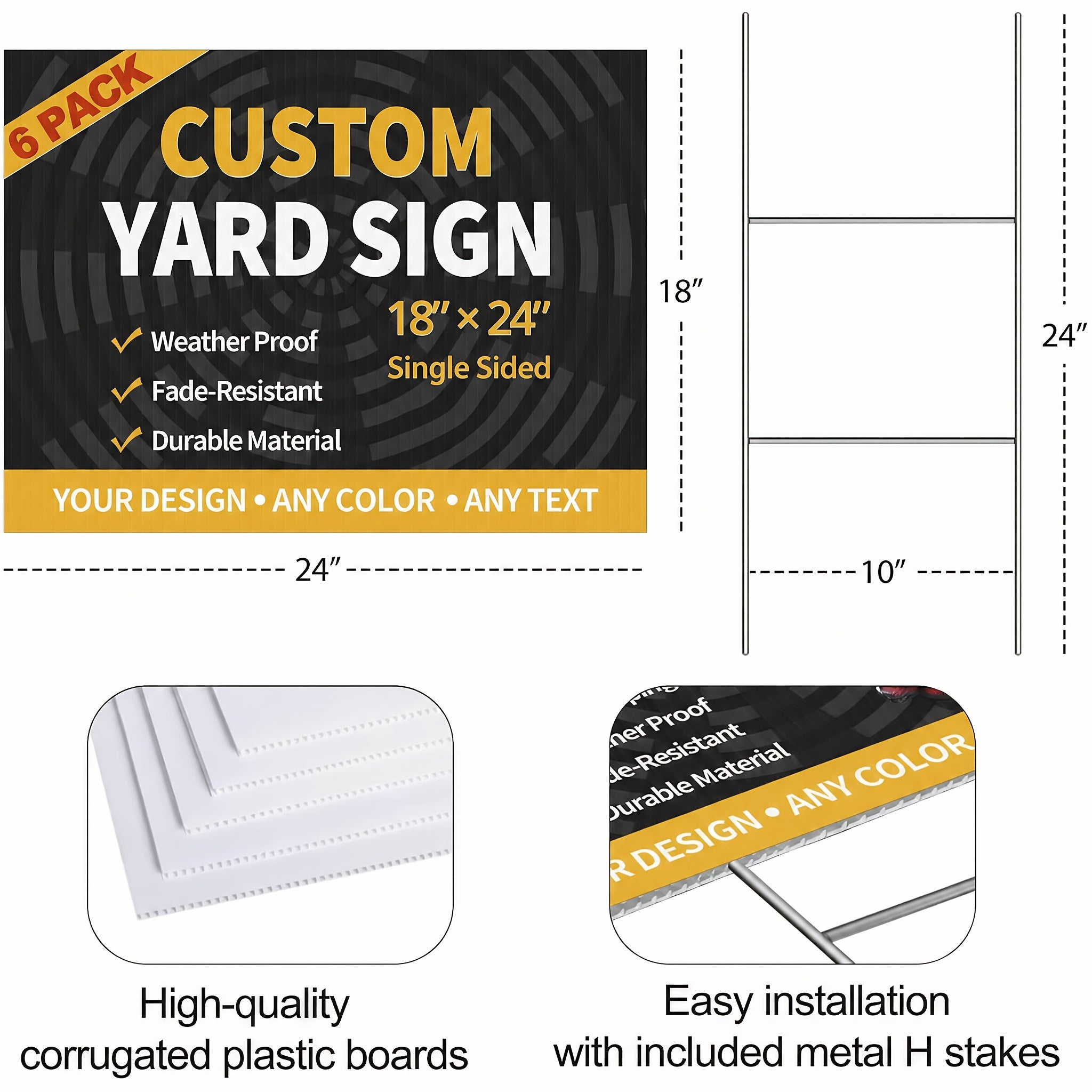 【2D Flat】 Custom Yard Sign 6 Pack - 18"x24" Corrugated Plastic (4mm) - Single Sided, Design with Your Image Includes Metal H-Shaped Stake for Outdoor Use: Event, Advertising, Professional, Weatherproof Signage