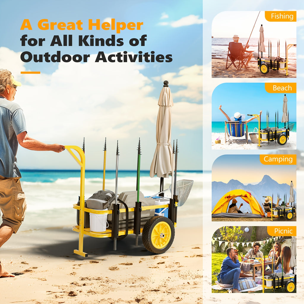 Outdoor Fishing Cart, Sturdy Steel Frame, with 12" PU Wheels, 7 Fishing Rod Tubes, Large Capacity, for Beach, Surfing, Kayak, Yellow, 1pc